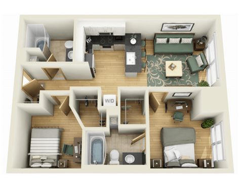 Floor plan for 2 beds, 2 baths, 750 sqft